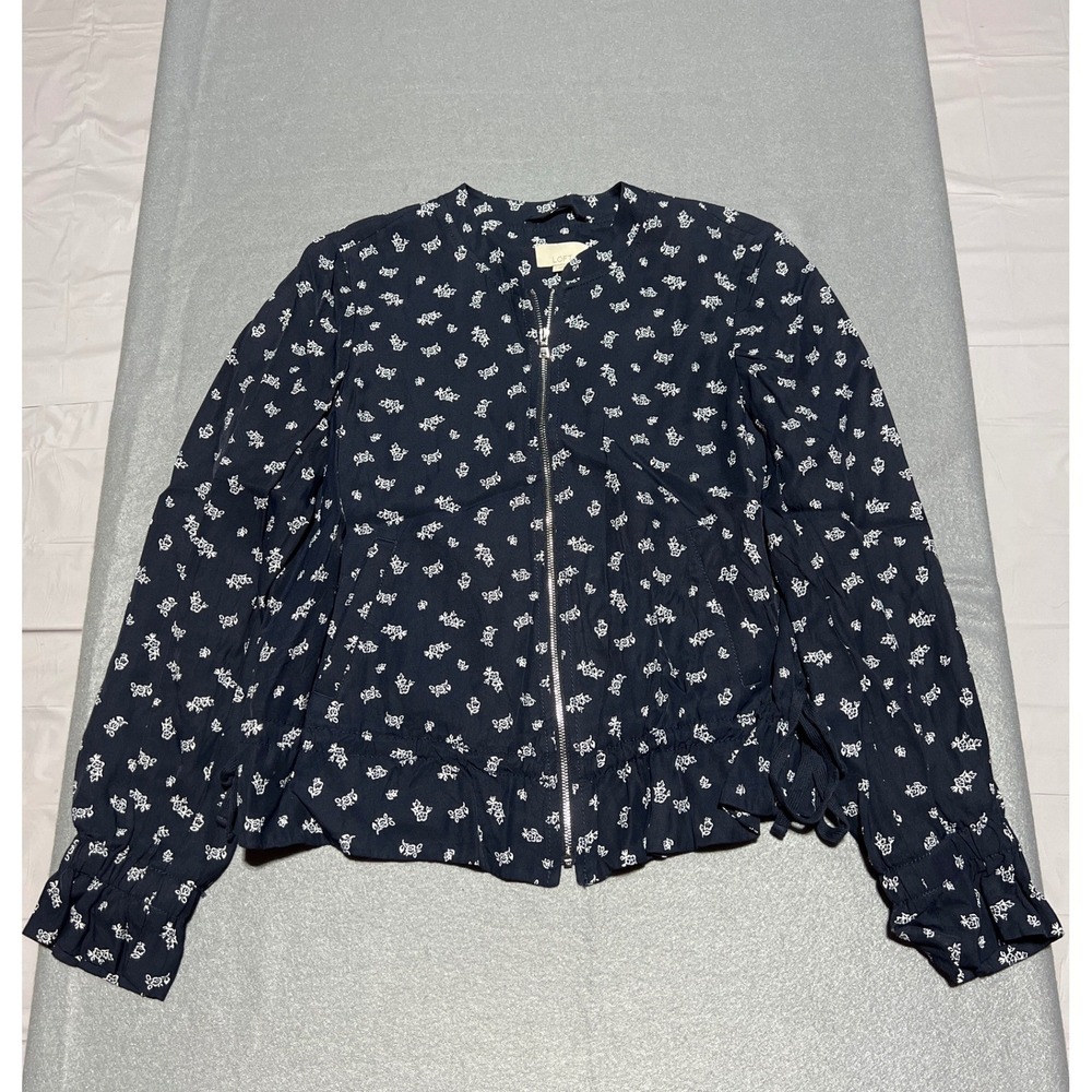 Loft Navy Blue Floral Zip Up Bomber Jacket Ruffle Cuff Peplum Small 460670